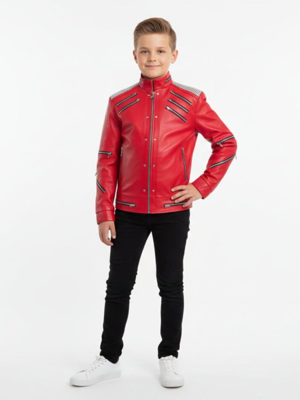 Kid Beat it Real Leather Jacket Halloween Costume 12-13 years Gift For Boys